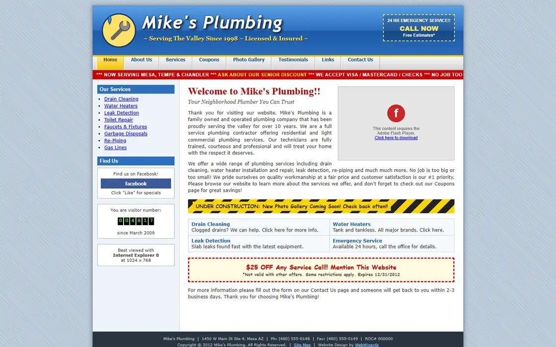 Before: a dated 2012-style homepage for a fictional Mike's Plumbing, with the phone number only in the footer