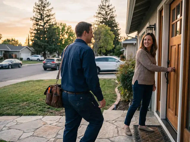 A contractor walking up to a customer's front door at sunset