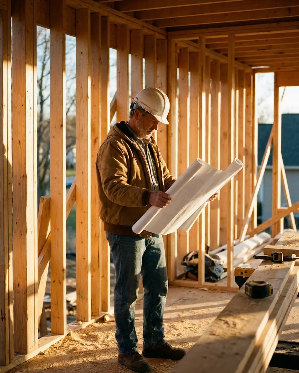 General contractor reviewing plans inside the framing of a home addition