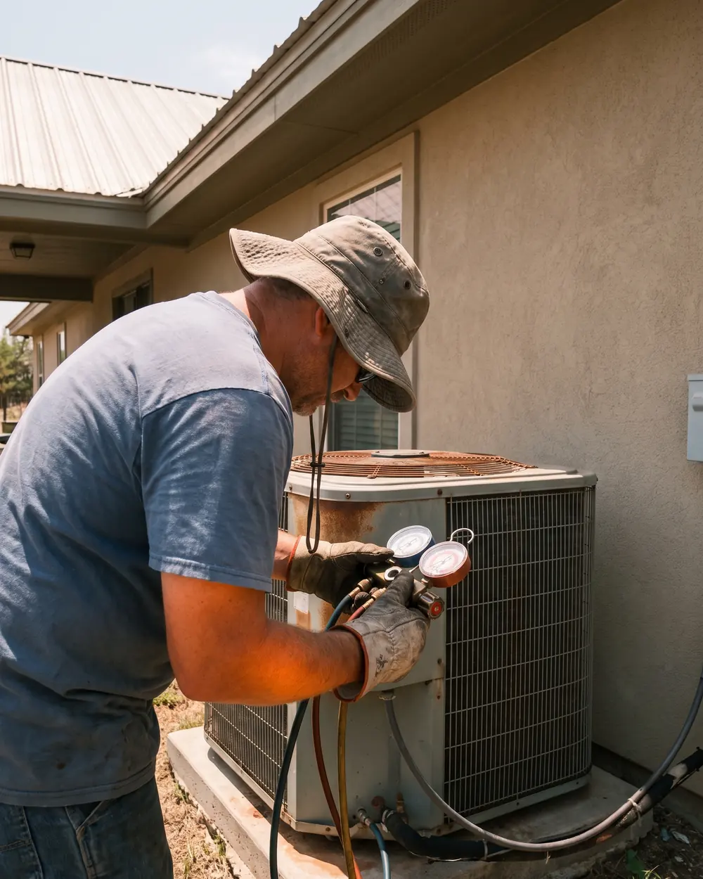 HVAC technician checking an outdoor condenser with gauges