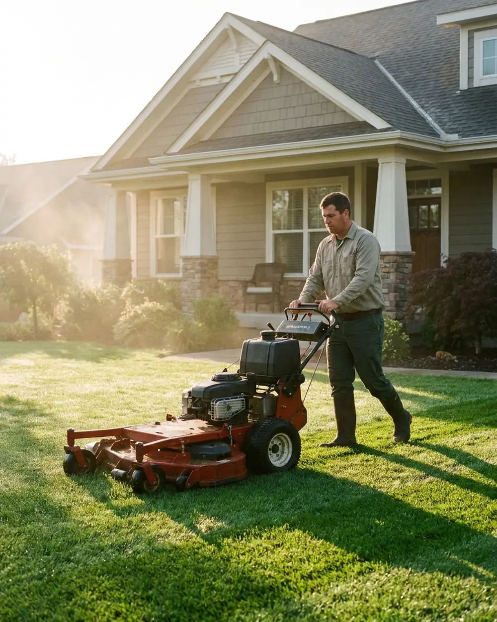 Lawn care technician mowing stripes into a front lawn at sunrise