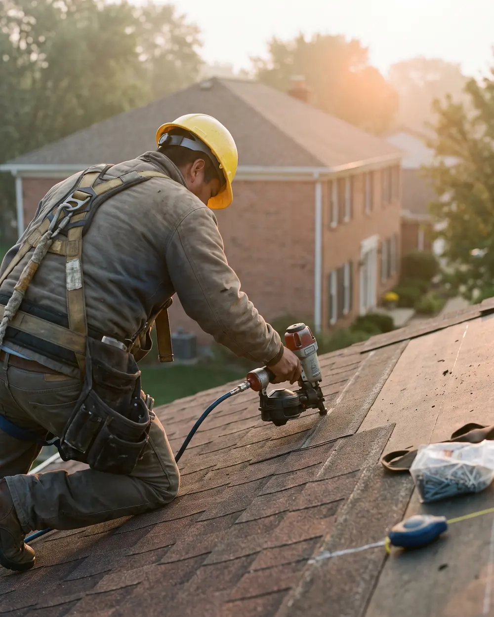 Roofer fastening shingles on a roof at sunrise