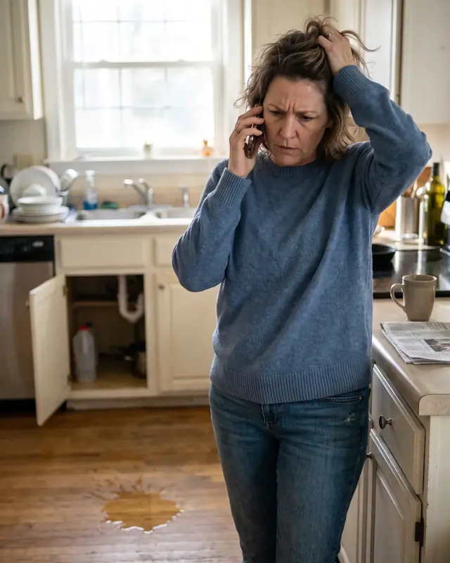 Homeowner on the phone in her kitchen with water pooling under the sink