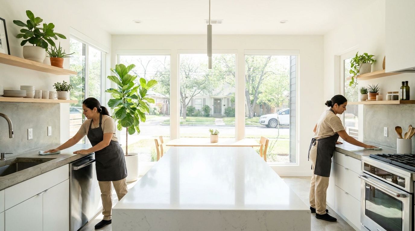 Two house cleaners wiping the counters of a bright modern kitchen